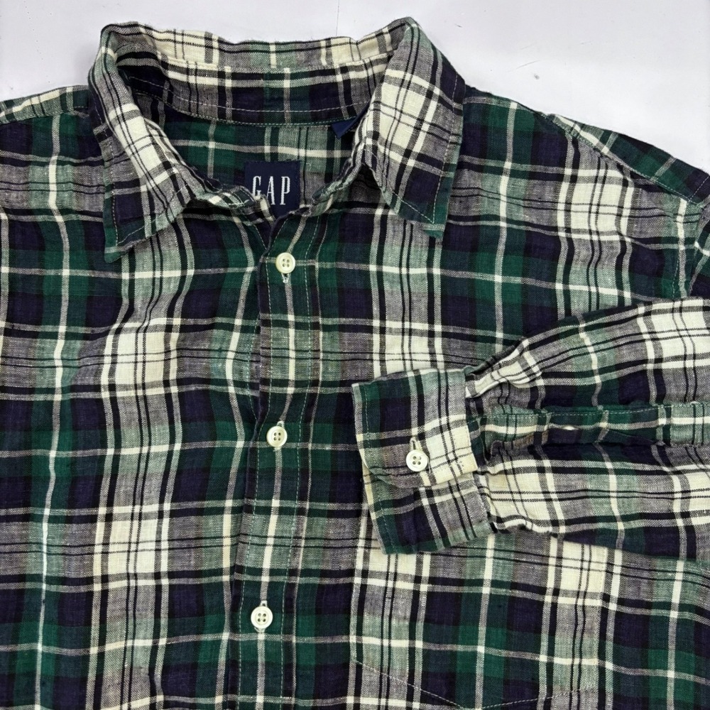 Gap Mens Green Navy Blue Plaid Flannel Long Sleeve Button Down Shirt Large